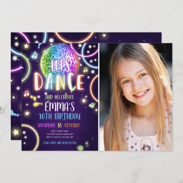 Dance Party Neon Glow Disco Birthday Invitation (Front/Back)