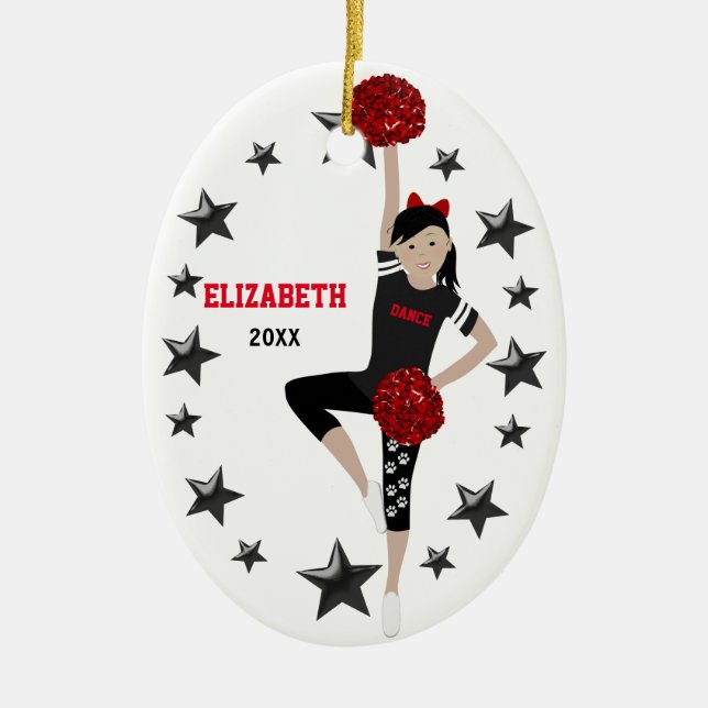 Dance Pom Black Hair Black and Red Ceramic Ornament (Front)