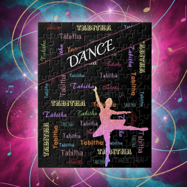 Dance Puzzle with Personalized Name All Over (Personalized Name Dance Puzzle in Rainbow Colors with Ombre Ballerina)