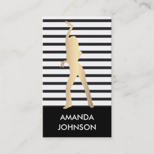 Dance School Black White Stripes QR Code Gold Business Card