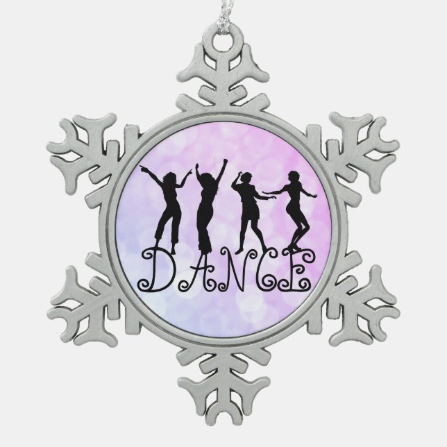 Dance Silhouette Dancers Bokeh Snowflake Pewter Christmas Ornament (Front)