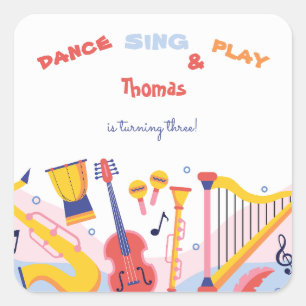 Dance sing and play kids birthday square sticker