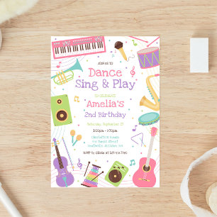 Dance Sing Play Musical Instrument Birthday Party Invitation
