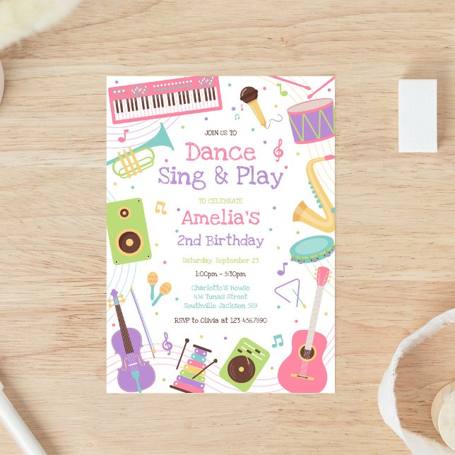 Dance Sing Play Musical Instrument Birthday Party Invitation (Creator Uploaded)