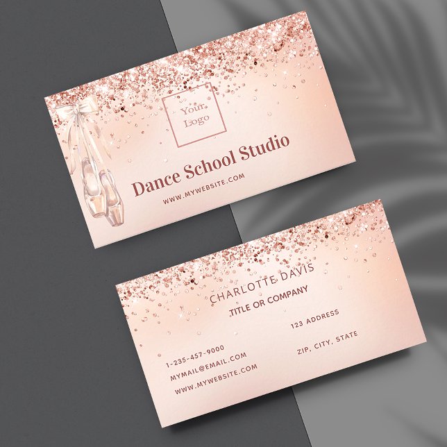 Dance studio school rose gold pink glitter logo business card (Creator Uploaded)