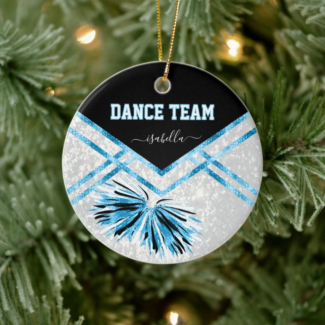 Dance Team Black, White and Baby Blue Glitter Ceramic Ornament (Tree)