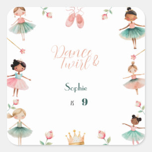 Dance & twirl girl birthday party square sticker