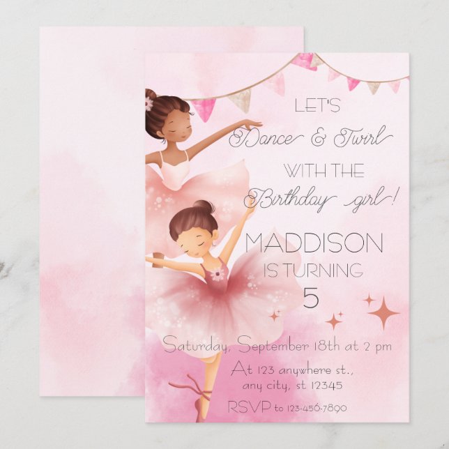 Dance & Twirl Pink Ballerina Ballet Birthday Party Invitation (Front/Back)