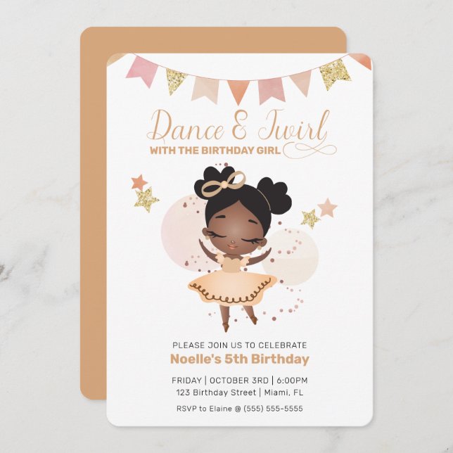 Dance & Twirl, Princess Ballerina w/Bow Birthday Invitation (Front/Back)