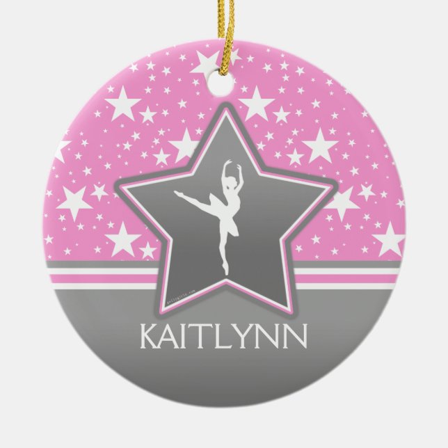 Dancer Among the Stars in Pink with YOUR NAME Ceramic Ornament (Front)