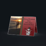 Dancer Silhouette Dance Studio Snowman Christmas Holiday Card<br><div class="desc">Dance or yoga studio Christmas card. Perfect to send to your students during their Christmas break. On the front is a photo of a dancer in silhouette at sunset on the beach. A cute snowman stands to the side on a red Christmasy background. Inside, is a red background with the...</div>