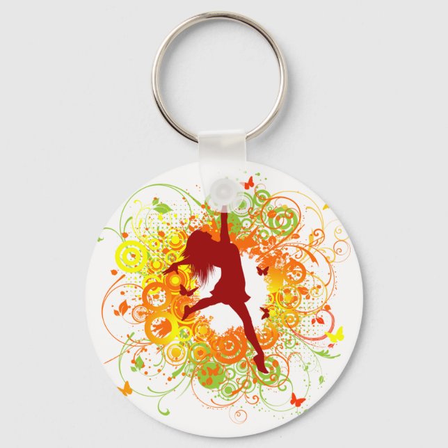 Dancer Silhouette with Floral Swirls Key Ring (Front)