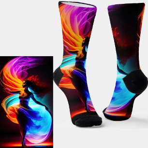 Dancer with Orange Purple Blue Swirls on Black Socks