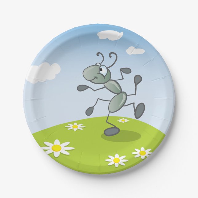 Dancing Ant on Grass with Flowers Paper Plate (Front)