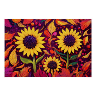 Dancing Autumn Sunflowers, Colourful Fields Poster