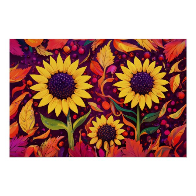 Dancing Autumn Sunflowers, Colourful Fields Poster (Front)