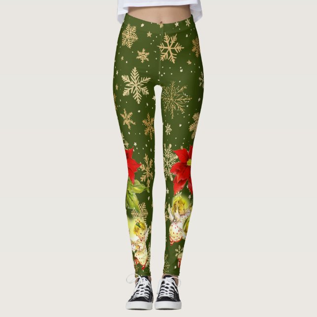 Dancing Baby Angels on Green with Gold Snowflakes Leggings (Front)