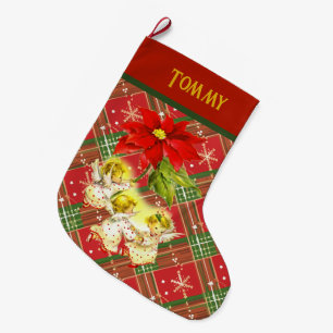 Dancing Baby Angels on Red Green Plaid Large Christmas Stocking