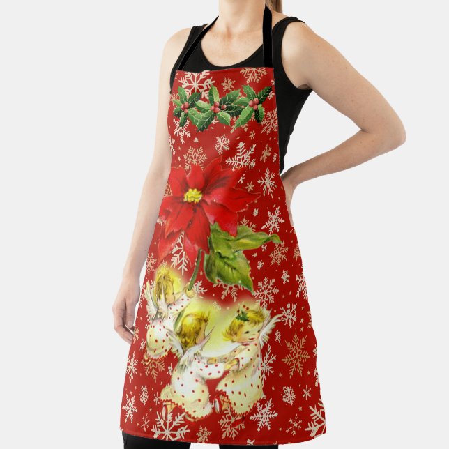 Dancing Baby Angels on Red with Snowflakes Apron (Insitu)