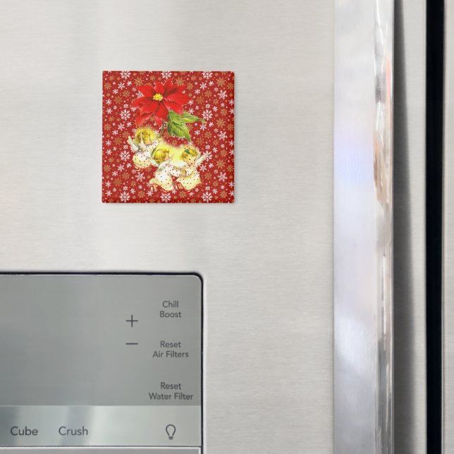 Dancing Baby Angels with Snowflakes on Red Magnet (In Situ (Fridge))