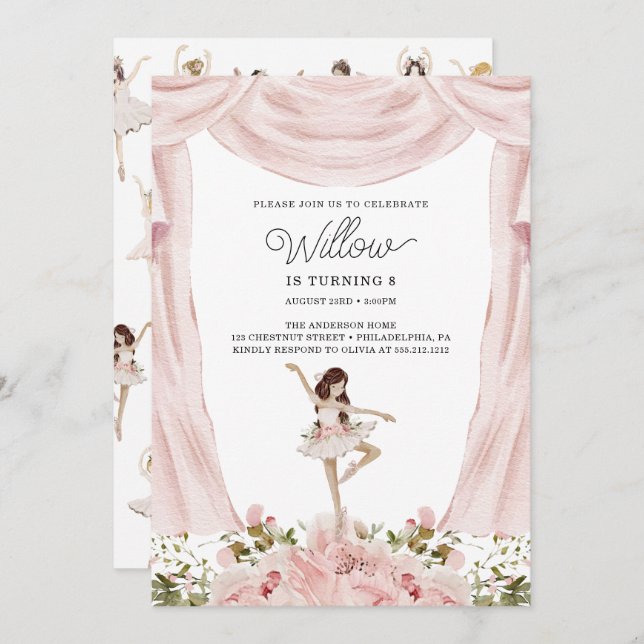 Dancing Ballerina Girl Birthday Party Invitation (Front/Back)