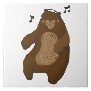 Dancing Bear Headphones Music Notes Whimsical Ceramic Tile