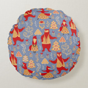 Dancing bears and foxes in a magical forest seamle round cushion
