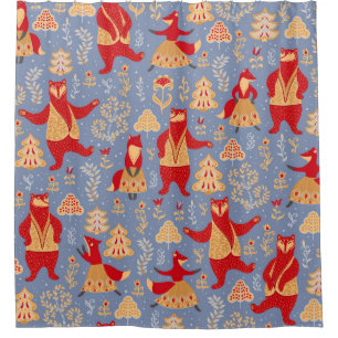 Dancing bears and foxes in a magical forest seamle shower curtain