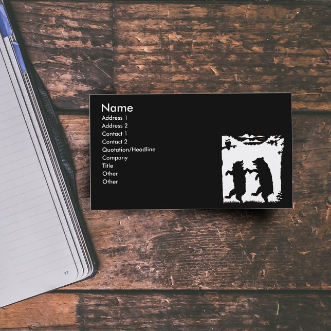 Dancing Bears Black Silhouette Business Card (Two black bears dancing in woods under trees with owl on black business cards.)