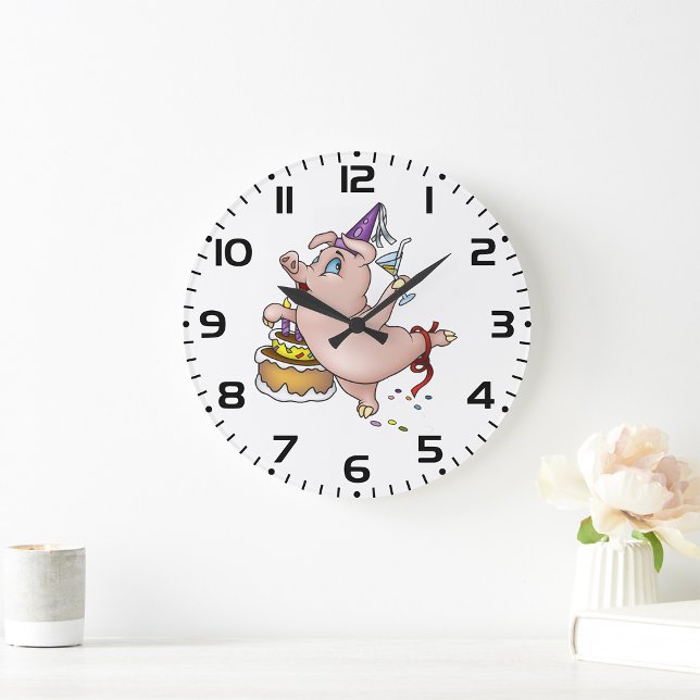 Dancing Birthday Party Pig with Cake and Cocktail Large Clock (Creator Uploaded)