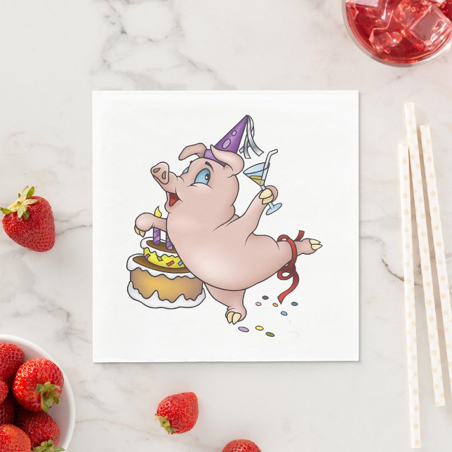 Dancing Birthday Party Pig with Cake and Cocktail Napkin (Creator Uploaded)