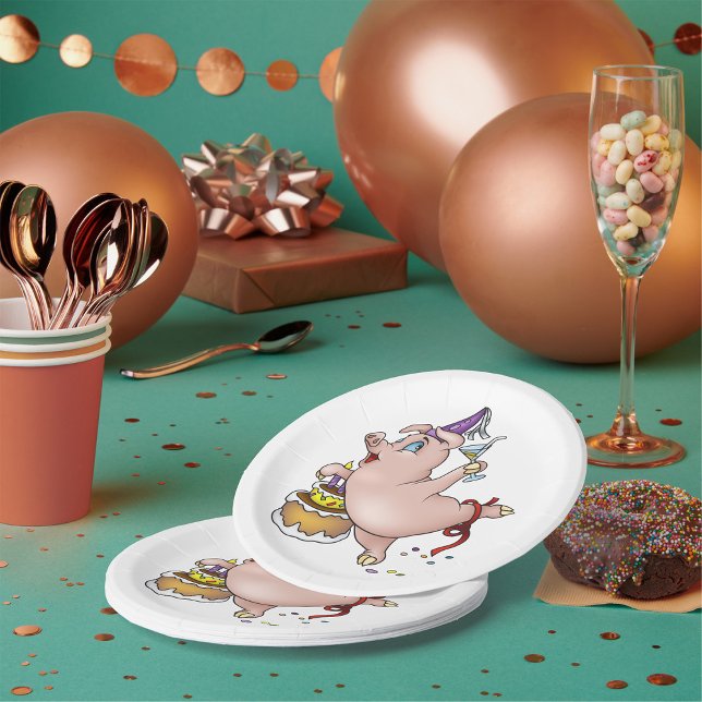 Dancing Birthday Party Pig with Cake and Cocktail Paper Plate (Creator Uploaded)