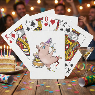 Dancing Birthday Party Pig with Cake and Cocktail Playing Cards