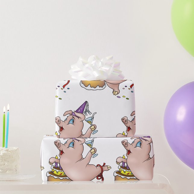 Dancing Birthday Party Pig with Cake and Cocktail Wrapping Paper (Creator Uploaded)
