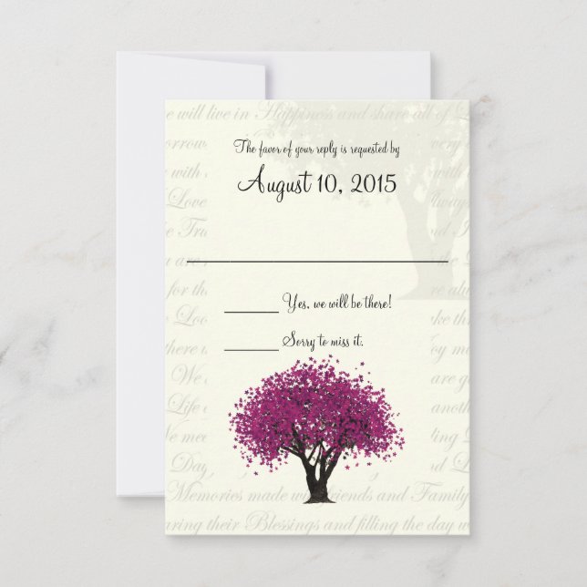 Dancing Blooms Plum Purple Tree and Wedding Text RSVP Card (Front)