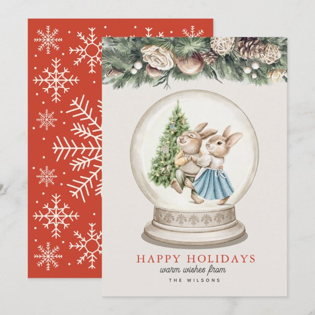 Dancing Bunnies Christmas Tree Snow Grobe Holiday Card (Front/Back)