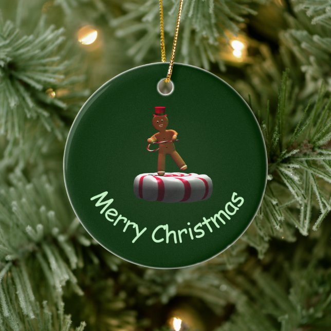 Dancing Cartoon Gingerbread Man Ceramic Ornament (Tree)