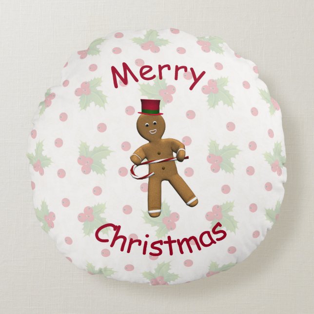 Dancing Cartoon Gingerbread Man Round Cushion (Front)