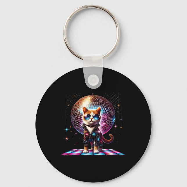 Dancing Cat Disco Ball Kitten Kitty Lover Funny Pa Key Ring (Front)