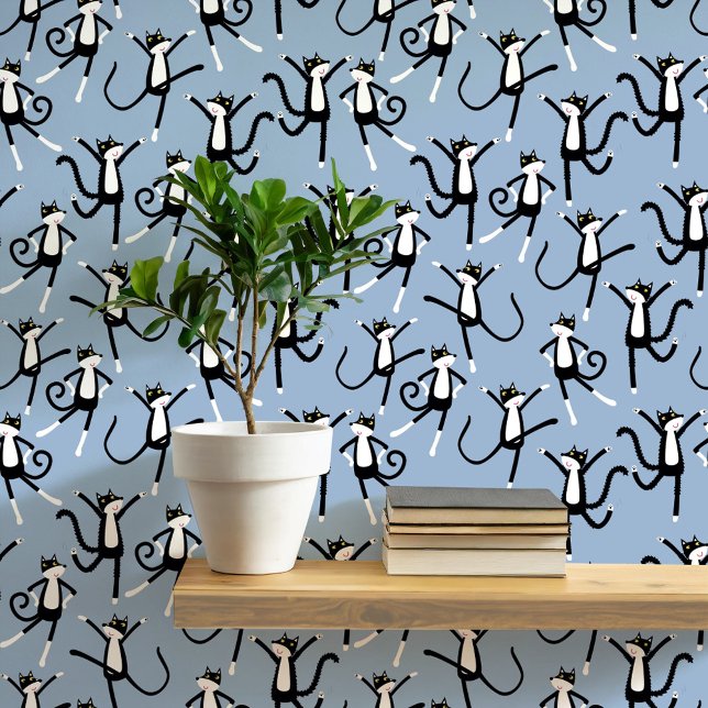 Dancing Cat Pattern Blue Wallpaper (Fun black and white tuxedo cat pattern blue peel and stick art wallpaper)