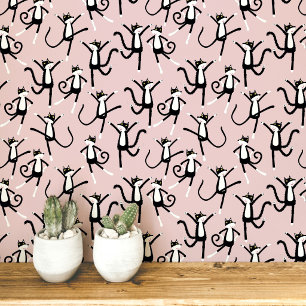Dancing Cat Pattern Blush Pink Wallpaper