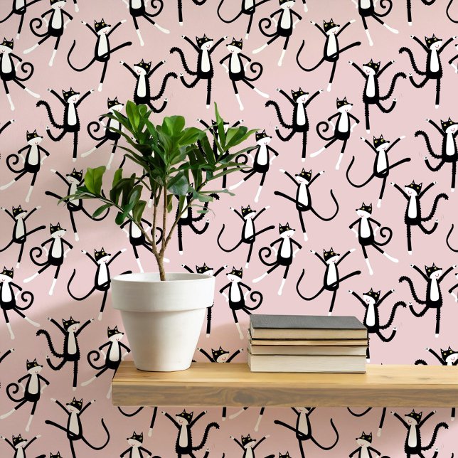 Dancing Cat Pattern Blush Pink Wallpaper (Black and white tuxedo kitty cat pattern blush pink peel and stick wallpaper)
