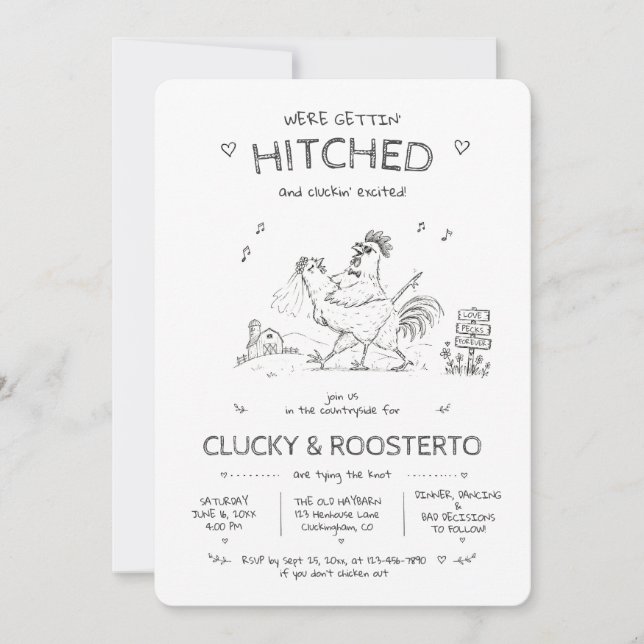 Dancing Chick and Rooster Countryside Wedding Invitation (Front)