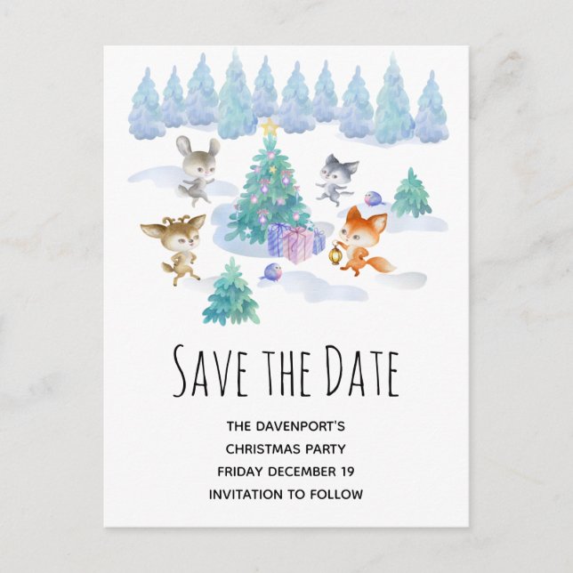Dancing Christmas Forest Animals Save the Date Invitation Postcard (Front)