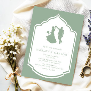 Dancing Couple Illustration Sage Green Wedding Invitation