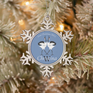 Dancing cranes  snowflake pewter christmas ornament