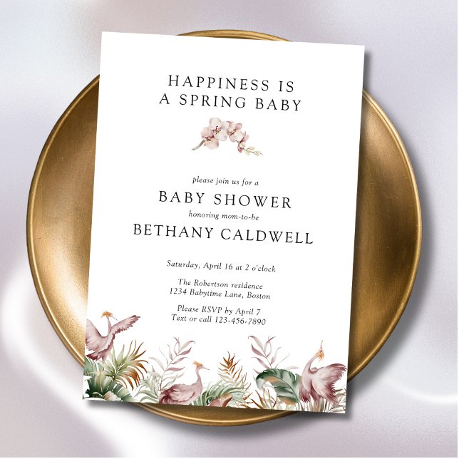Dancing Cranes Spring Orchids Baby Shower Invitation (Spring Baby Shower Invitation with Dancing Cranes)