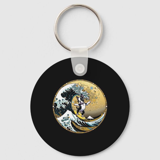 Dancing Dog Surf Board Great Wave Surfing - Boston Key Ring (Front)