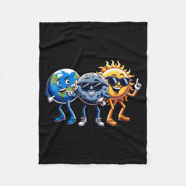 Dancing Earth Moon Sun Funny Total Solar Eclipse 2 Fleece Blanket (Front)