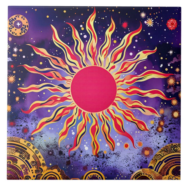 “Dancing Fire of the Cosmos” The Sun Ceramic Tile (Front)